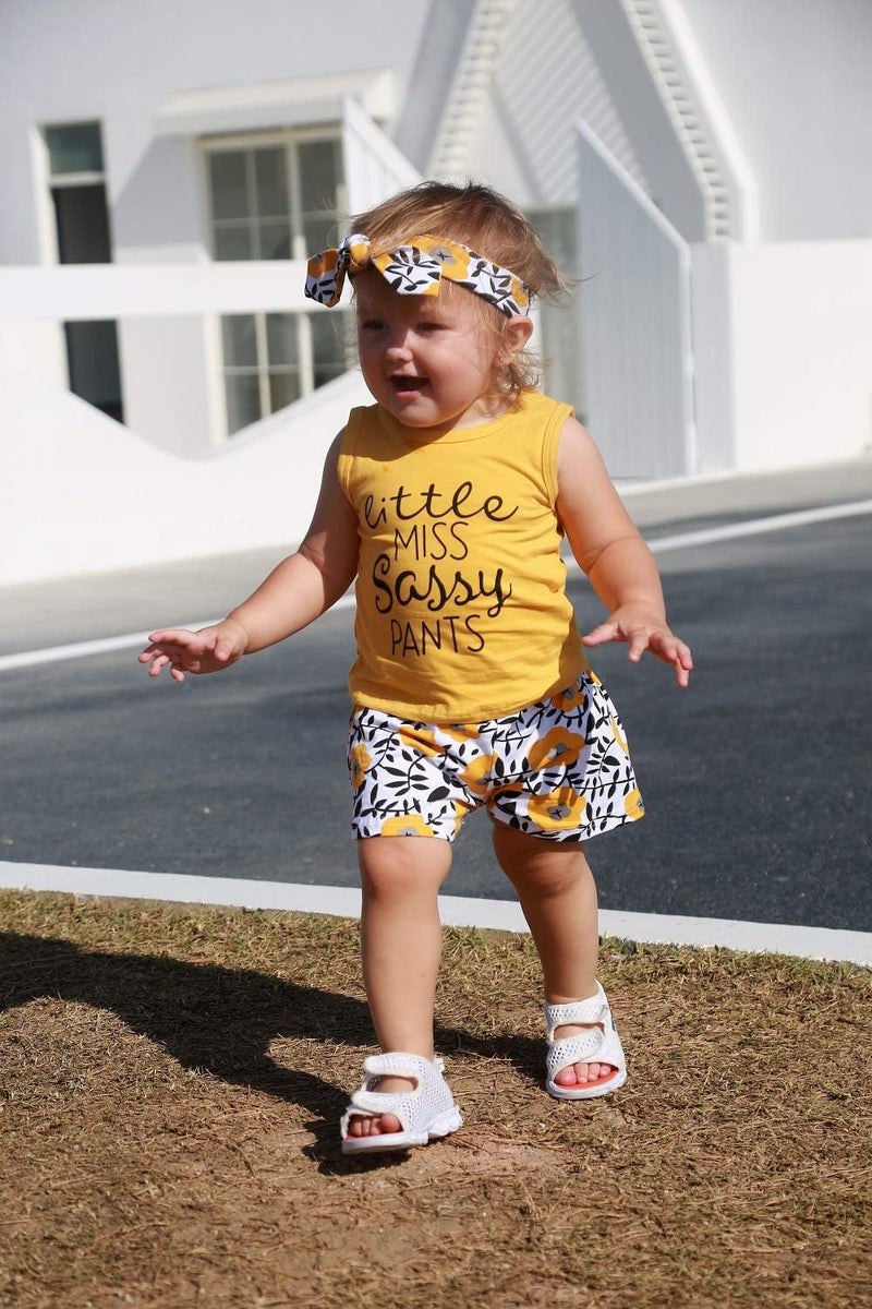 Hipea Toddler Baby Girl Outfits Flower Tops Sleeveless Vest Shorts Headband Summer Clothes Set(2-3T) - Image 3