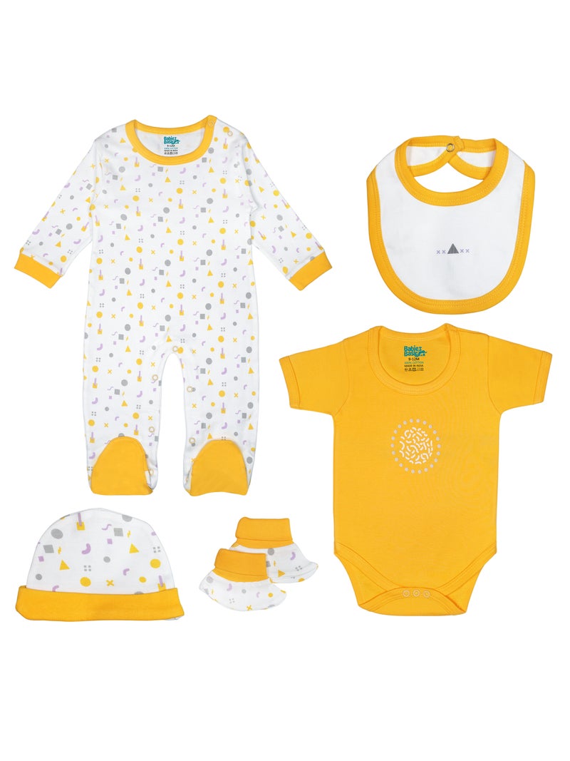 Babies Basic 5 piece Unisex 100% Cotton Sets include Bib, Romper, Mittens, Cap and Sleepsuit/Jumpsuit - Image 1