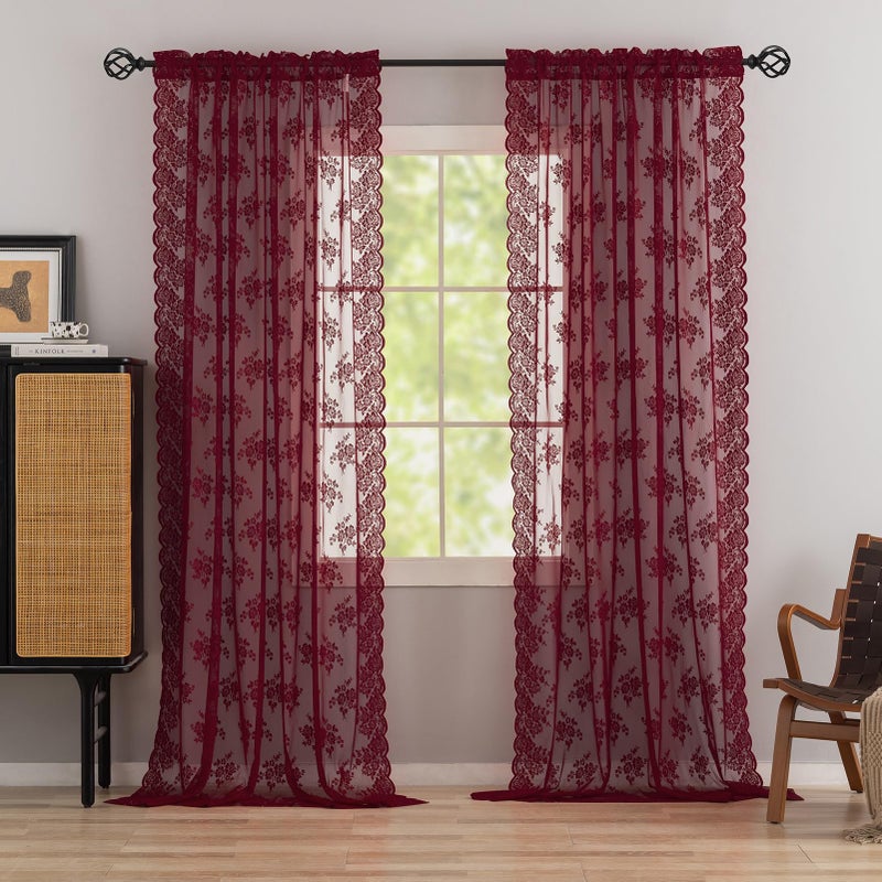 Kotile Burgundy Lace Curtains 84 Inches Long 2 Panels Cottagecore Floral Maroon Sheer Curtains for Living Room, Rod Pocket Light Filtering & Privacy Vintage Sheer Window Curtains 7FT, W42 x L84 Inch - Image 2