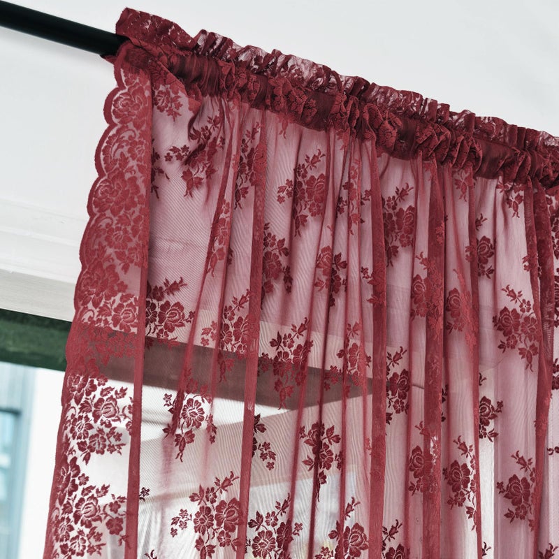 Kotile Burgundy Lace Curtains 84 Inches Long 2 Panels Cottagecore Floral Maroon Sheer Curtains for Living Room, Rod Pocket Light Filtering & Privacy Vintage Sheer Window Curtains 7FT, W42 x L84 Inch - Image 4