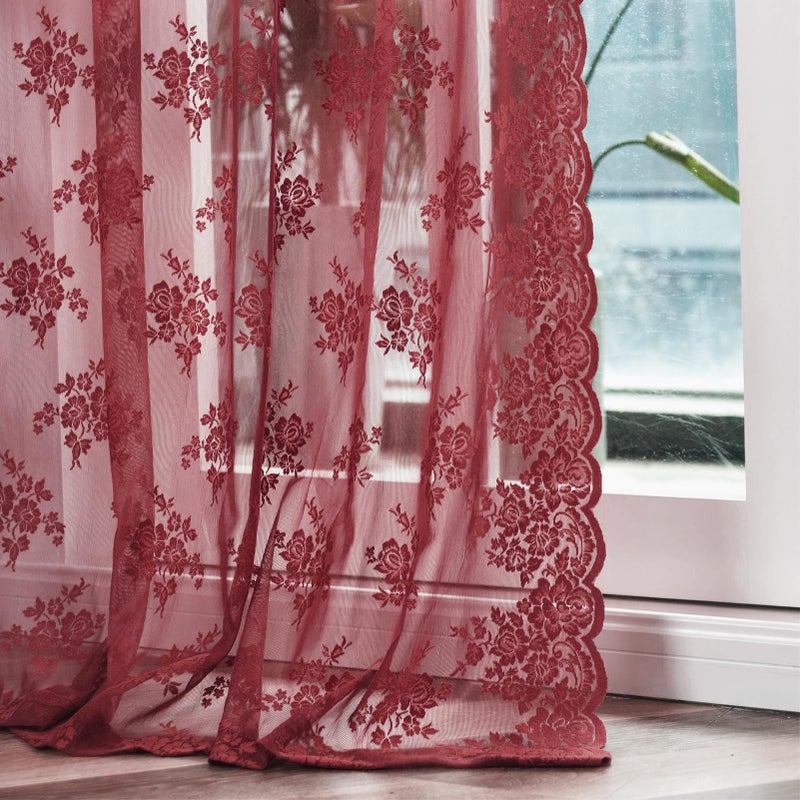 Kotile Burgundy Lace Curtains 84 Inches Long 2 Panels Cottagecore Floral Maroon Sheer Curtains for Living Room, Rod Pocket Light Filtering & Privacy Vintage Sheer Window Curtains 7FT, W42 x L84 Inch - Image 1