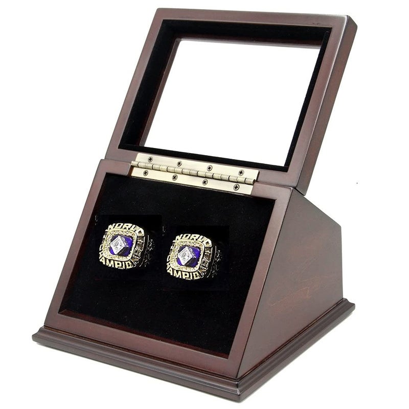 Tirrito 2 Slots Championship Ring Wooden Display Case Shadow Box With Slanted Glass Window for Football Basketball Hockey Sports  Rings Not Included