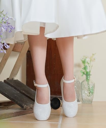 PHIRAMIN Toddler Flower Girl Glitter White Dress Shoes - Little Girl Ballet Flats Size 9 Wedding Party - Image 3
