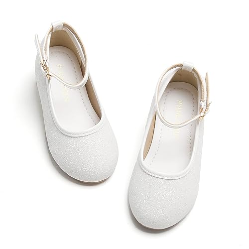 PHIRAMIN Toddler Flower Girl Glitter White Dress Shoes - Little Girl Ballet Flats Size 9 Wedding Party - Image 1