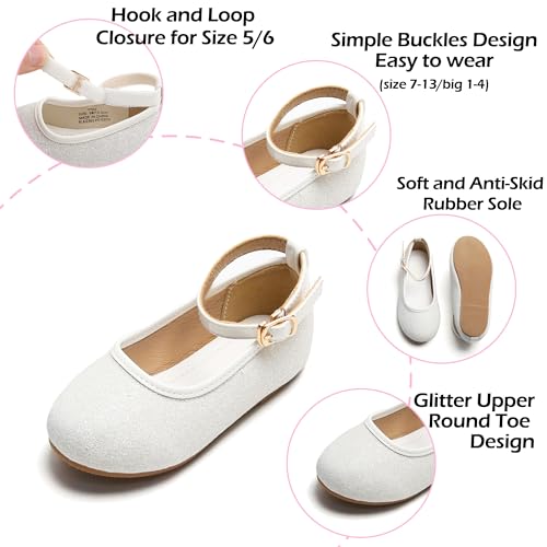 PHIRAMIN Toddler Flower Girl Glitter White Dress Shoes - Little Girl Ballet Flats Size 9 Wedding Party - Image 5