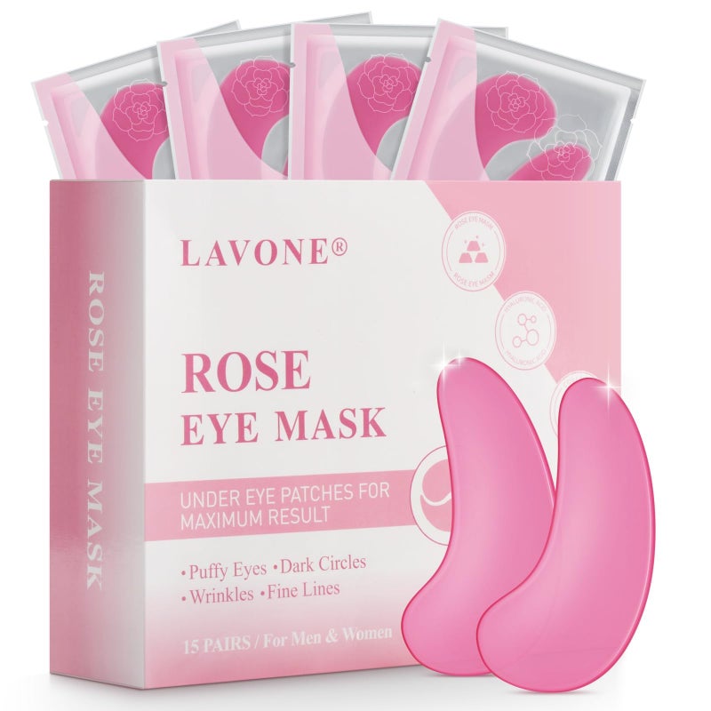 LAVONE Eye Mask - 15 Pairs Rose Under Eye Patches Skin Care Products - Eye Masks Skincare for Dark Circles and Puffiness, Reduce Wrinkles, Eye Bags and Fine Lines, for Women and Man, with Hair Clips - Image 1