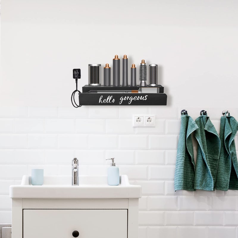 CHONIC Storage Holder for Hair Wrap, Farmhouse Curling Iron Accessories Rack Wall Mount, Wood Hair Wrap Styler Tools Holder, Vacuum Attachments Display Stand for Bathroom Organizer (Black) - Image 4