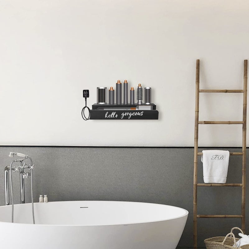 CHONIC Storage Holder for Hair Wrap, Farmhouse Curling Iron Accessories Rack Wall Mount, Wood Hair Wrap Styler Tools Holder, Vacuum Attachments Display Stand for Bathroom Organizer (Black) - Image 5