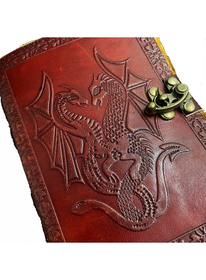 AzureGreen DOUBLE DRAGON Blank Page BOOK Handcrafted Leather Writing Unlined 5 x 7 JOURNAL (Vintage Brown) - Image 3
