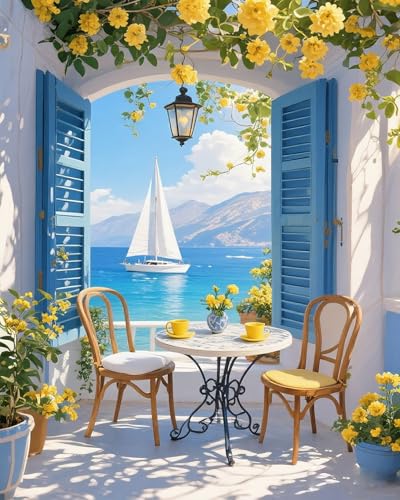 MBNTJHT Scenery Paint by Numbers Kit for Adults,Seaside Landscapes Acrylic Paint by Number Kits on Canvas for Adult Beginner,DIY Window View Oil Painting by Numbers Kit Crafts for Home Decor Gift 16X20 Inch. - Image 1