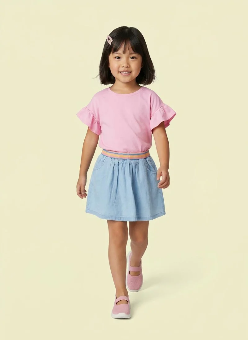 نوتيناتي Nautinati Girls' 100% Cotton Mid-blue Wash Denim Skirt with Contrast-rib Waistband