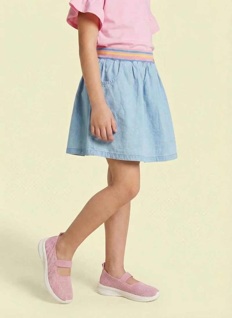 نوتيناتي Nautinati Girls' 100% Cotton Mid-blue Wash Denim Skirt with Contrast-rib Waistband