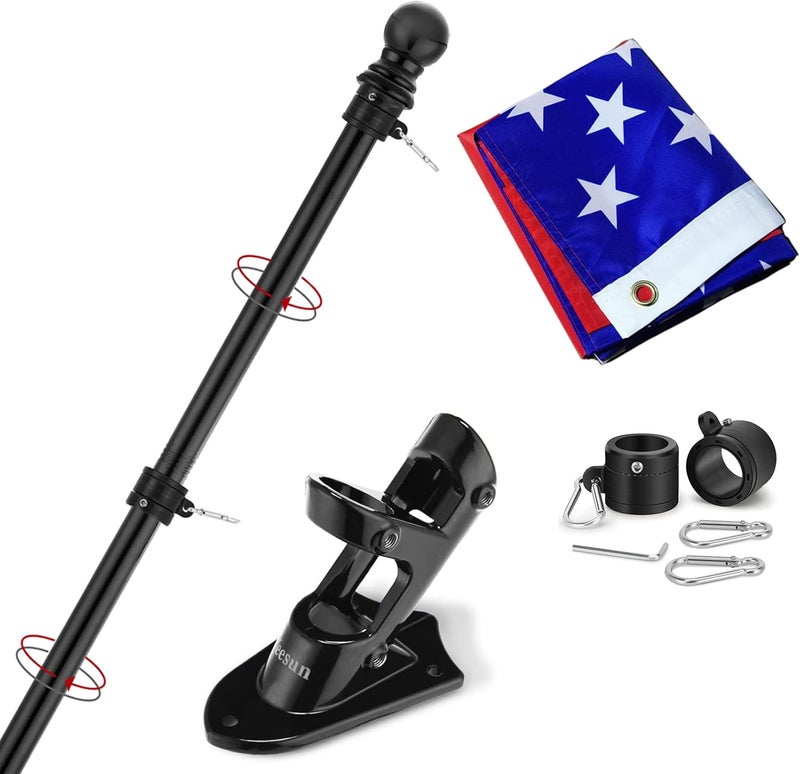 YESUN Flag Pole for House with 3x5 American Flag, 6 FT Wall Mount with Bracket for Home Porch,Outdoor Deco.Residential or Commerical Tangle Free Flag Pole Kit (Black) - Image 1