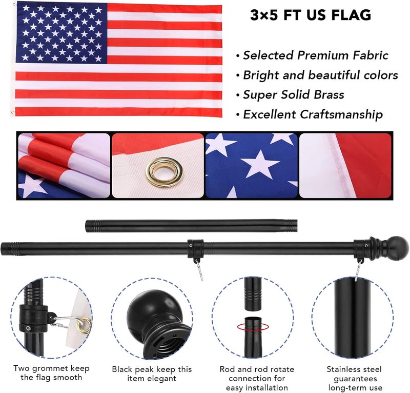 YESUN Flag Pole for House with 3x5 American Flag, 6 FT Wall Mount with Bracket for Home Porch,Outdoor Deco.Residential or Commerical Tangle Free Flag Pole Kit (Black) - Image 2