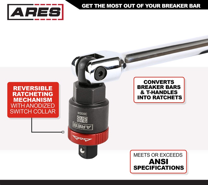 ARES 36004-3/8-Inch Drive Ratcheting Breaker Bar Adapter - Converts Breaker Bar or Sliding T-Handle into Ratchet - Reversible Ratcheting Mechanism with Anodized Switch Collar - Image 3