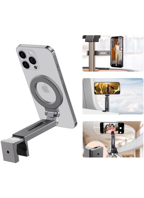 Magnetic Clip-On Phone Holder for iPhone & Android | 360° Adjustable Stand for Travel Desk Shopping Carts | Universal 1/4” Tripod Mount | Hands-Free & Creators Friendly (Grey)