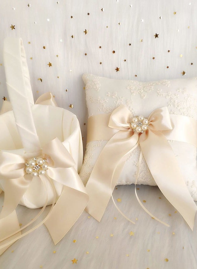 Uwedding Flower Girl Basket Lace Cover with Beige Ribbon Bow Rhinestone Brooch Décor for Wedding Ceremony Vow Renewal Baby Shower Party Favor-Basket - Image 3