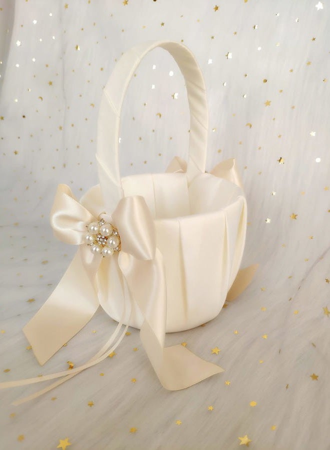 Uwedding Flower Girl Basket Lace Cover with Beige Ribbon Bow Rhinestone Brooch Décor for Wedding Ceremony Vow Renewal Baby Shower Party Favor-Basket - Image 2