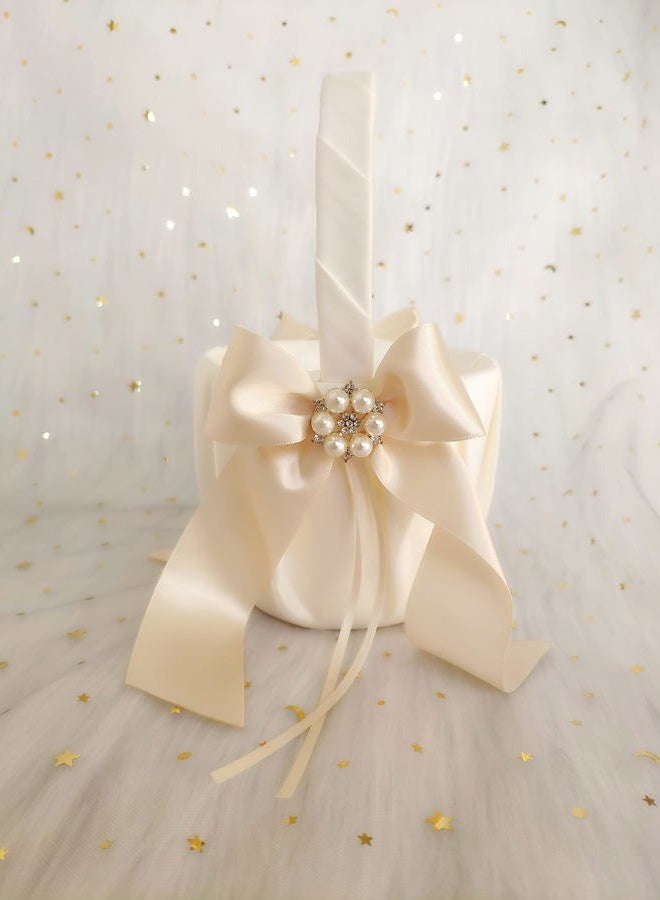 Uwedding Flower Girl Basket Lace Cover with Beige Ribbon Bow Rhinestone Brooch Décor for Wedding Ceremony Vow Renewal Baby Shower Party Favor-Basket - Image 1