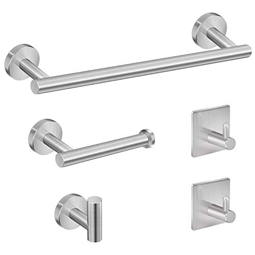 Tudoccy 5-Pieces Bathroom Hardware Set Brushed Nickel SUS304 Stainless Steel Round Wall Mounted - Includes 16" Hand Towel Bar, Toilet Paper Holder, 3 Robe Towel Hooks,Bathroom Accessories Kit - Image 1