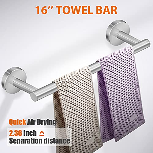 Tudoccy 5-Pieces Bathroom Hardware Set Brushed Nickel SUS304 Stainless Steel Round Wall Mounted - Includes 16" Hand Towel Bar, Toilet Paper Holder, 3 Robe Towel Hooks,Bathroom Accessories Kit - Image 2