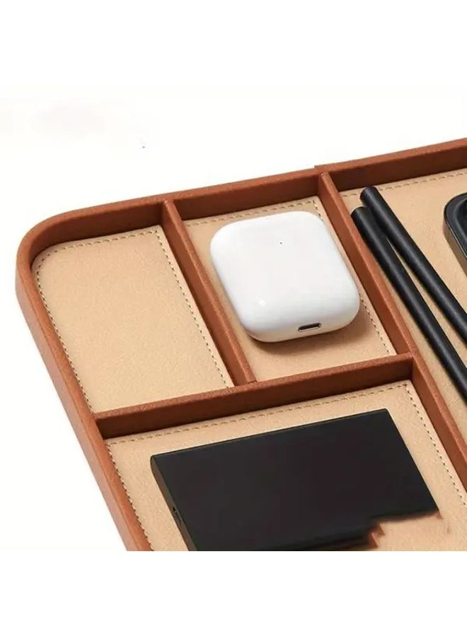 Grey Faux Leather Bedside Tray Organizer For Keys Watches Jewelry Multiple Compartments - Image 3