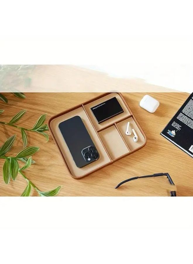 Grey Faux Leather Bedside Tray Organizer For Keys Watches Jewelry Multiple Compartments - Image 2