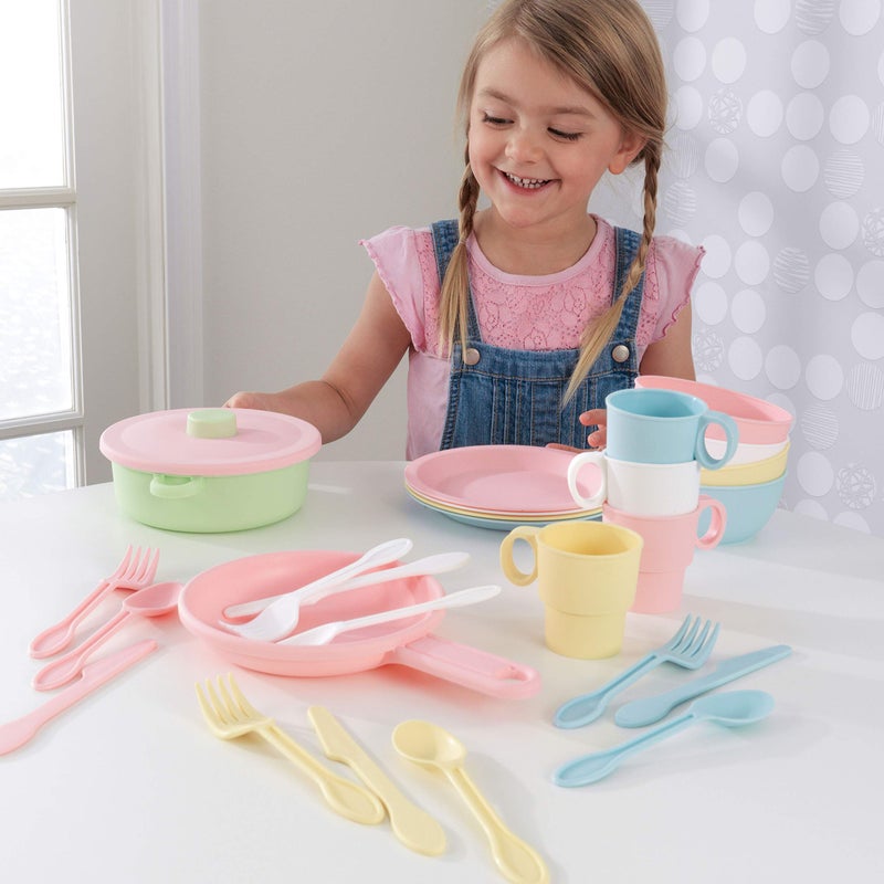 KidKraft مجموعة أدوات الطهي الملونة من كيدكرافت 27 قطعة، أطباق وأدوات بلاستيكية لمطابخ اللعب، هدية للأطفال من عمر 18 شهرًا وما فوق - Image 2