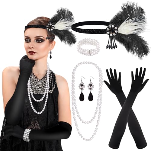 PLULON 8 Pieces 1920s Flapper Great Gatsby Accessories Set Fashion Roaring 20's Theme Set with Headband Headpiece Long Black Gloves Necklace Earrings for Women - Image 1