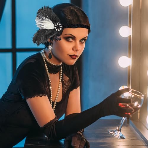 PLULON 8 Pieces 1920s Flapper Great Gatsby Accessories Set Fashion Roaring 20's Theme Set with Headband Headpiece Long Black Gloves Necklace Earrings for Women - Image 4