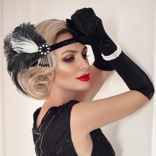PLULON 8 Pieces 1920s Flapper Great Gatsby Accessories Set Fashion Roaring 20's Theme Set with Headband Headpiece Long Black Gloves Necklace Earrings for Women - Image 3