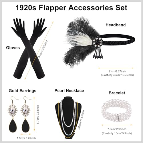 PLULON 8 Pieces 1920s Flapper Great Gatsby Accessories Set Fashion Roaring 20's Theme Set with Headband Headpiece Long Black Gloves Necklace Earrings for Women - Image 2