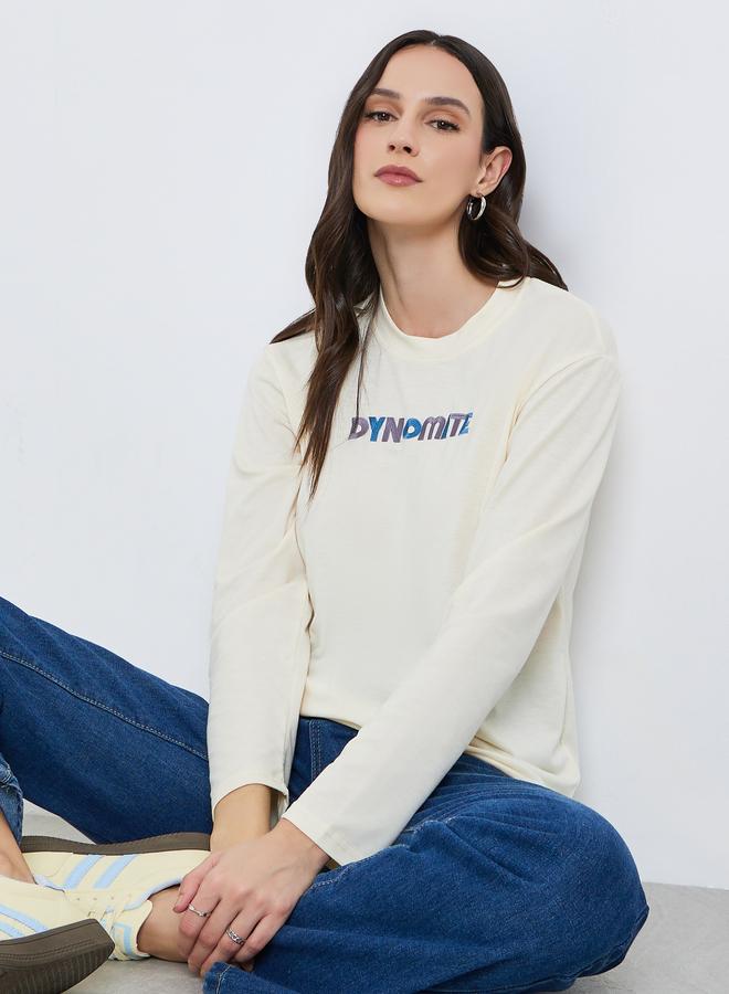 Styli Women Beige Graphic Embroidered Long Sleeve T-Shirt - Image 5