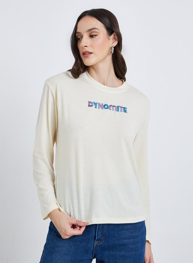 Styli Women Beige Graphic Embroidered Long Sleeve T-Shirt - Image 1