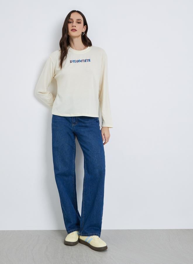 Styli Women Beige Graphic Embroidered Long Sleeve T-Shirt - Image 2