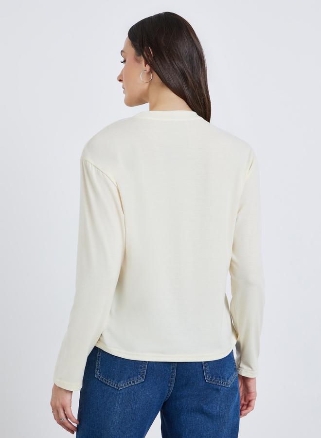 Styli Women Beige Graphic Embroidered Long Sleeve T-Shirt - Image 4