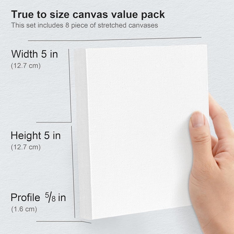 Phoenix Small Stretched Canvas for Painting 5x5 Inch/8 Value Pack, 8 Oz Triple Primed 5/8 Inch Profile 100% Cotton White Blank Canvas, Square Framed Canvas for Oil Acrylic & Pouring Art - Image 3