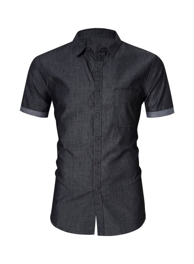 NIBEMINENT Turn-Down Collar Short Sleeves Shirt Dark Grey  - Image 1