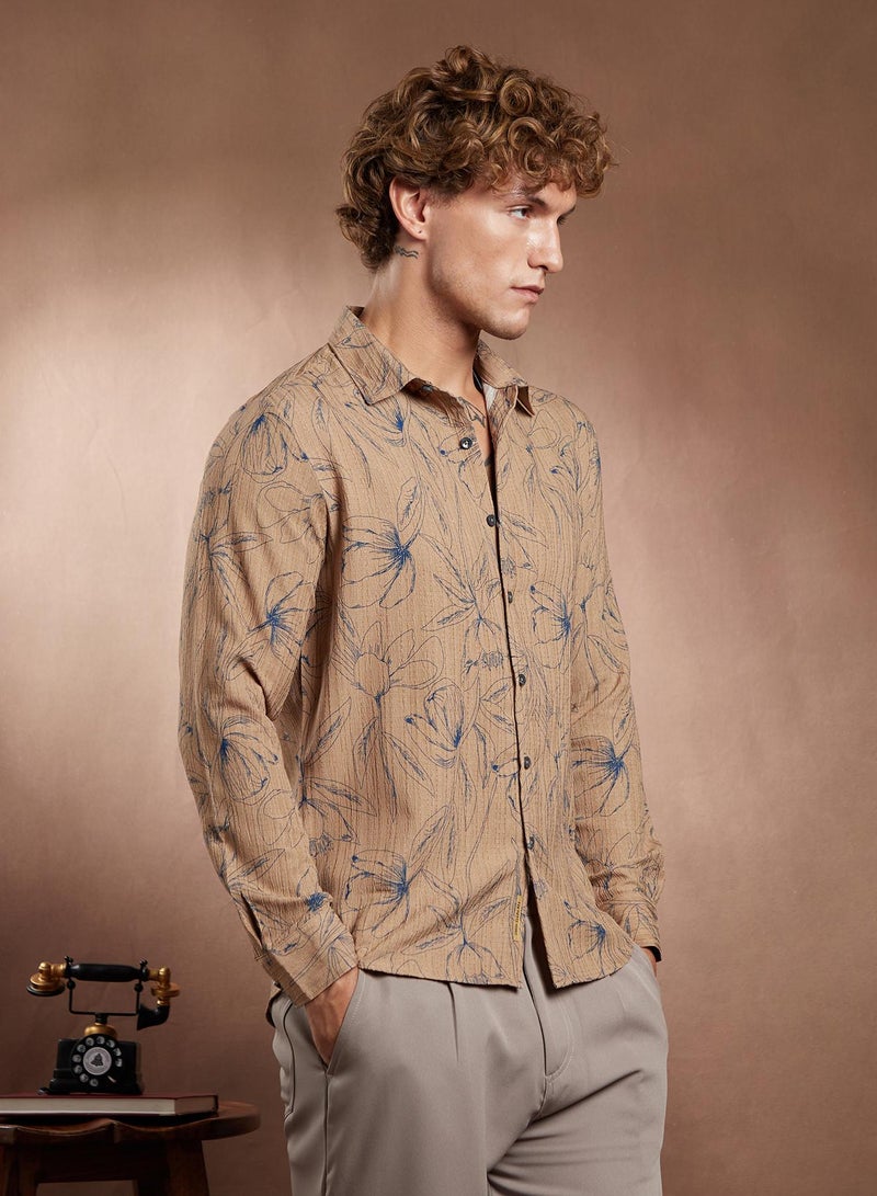 Campus Sutra Campus Sutra Men's Ash Brown Bloomline-Tactile Shirt For Casual Wear | Spread Collar | Long Cuffed Sleeves | Button Closure | Shirt Crafted With Comfort Fit For Everyday Wear  - Image 3