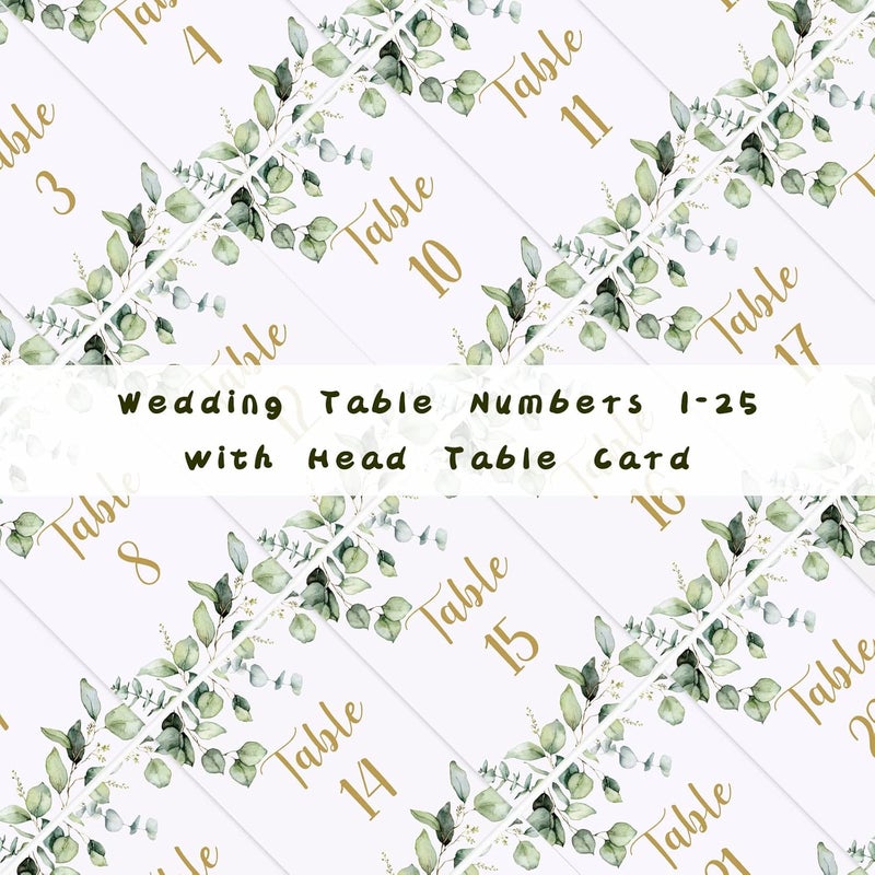 klarako 26 Pieces Wedding Table Numbers Cards 1-25 with Head Table Numbers Greenery Eucalyptus Table Cards Double Sided Party Table Numbers for Wedding Reception Baby Shower Birthday Bridal Party (Gold) - Image 3