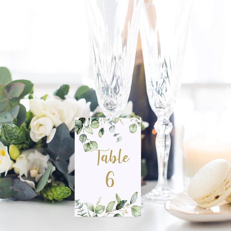 klarako 26 Pieces Wedding Table Numbers Cards 1-25 with Head Table Numbers Greenery Eucalyptus Table Cards Double Sided Party Table Numbers for Wedding Reception Baby Shower Birthday Bridal Party (Gold) - Image 4