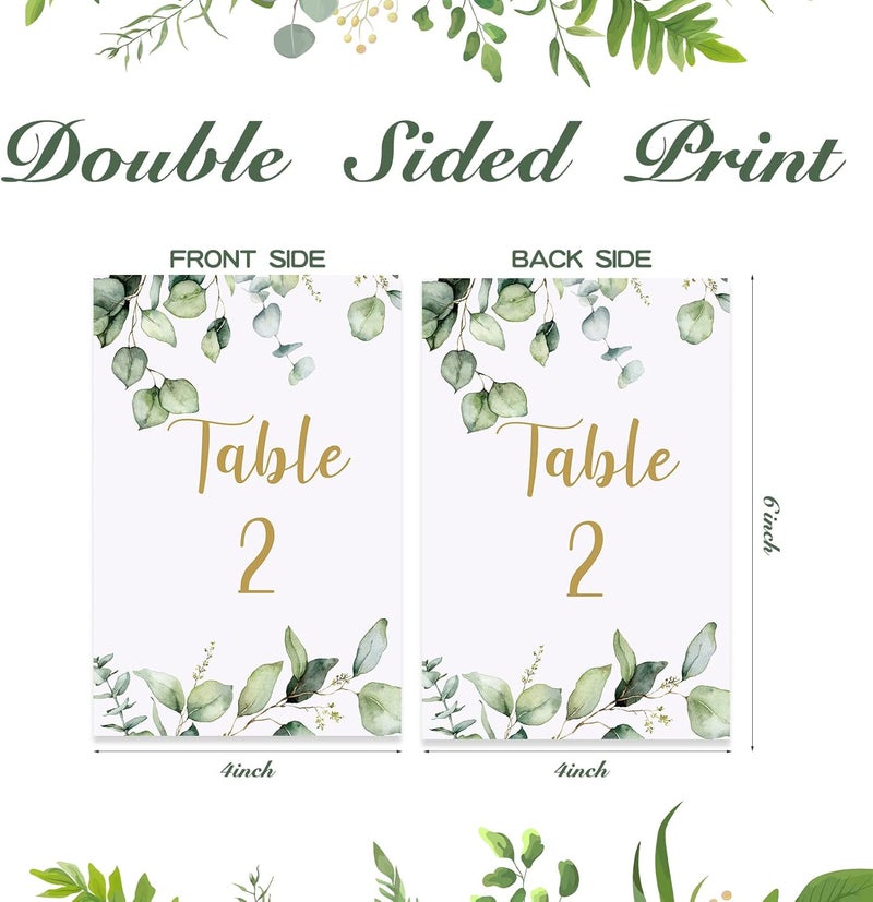 klarako 26 Pieces Wedding Table Numbers Cards 1-25 with Head Table Numbers Greenery Eucalyptus Table Cards Double Sided Party Table Numbers for Wedding Reception Baby Shower Birthday Bridal Party (Gold) - Image 2