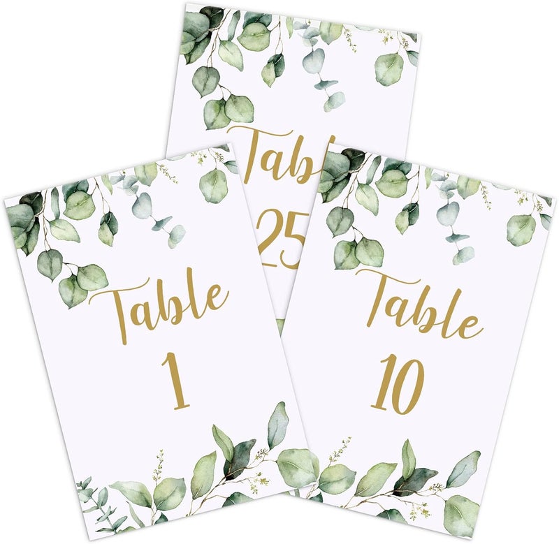 klarako 26 Pieces Wedding Table Numbers Cards 1-25 with Head Table Numbers Greenery Eucalyptus Table Cards Double Sided Party Table Numbers for Wedding Reception Baby Shower Birthday Bridal Party (Gold) - Image 1
