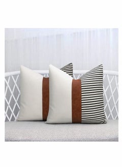Y&D Modern Geometric Decorative Throw Pillow Covers Home Cushion Set of 2 Farmhouse Decor Stripe Patchwork Linen Covers Tan Faux Leather Accent 18x18 inch  - Image 3