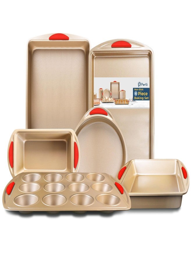 Perlli Baking Kit: Nonstick Gold Steel Oven Set - 6 Pieces, Round Cake Pan, Loaf Pan, Square Pan, Muffin Pan, Cookie Sheet, Roaster - Silicone Handles - Image 1