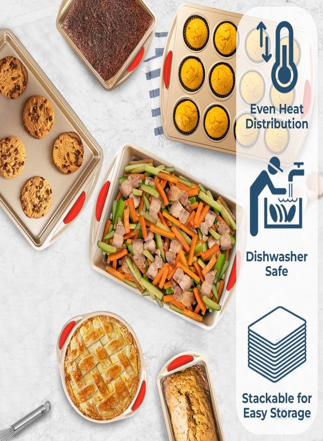 Perlli Baking Kit: Nonstick Gold Steel Oven Set - 6 Pieces, Round Cake Pan, Loaf Pan, Square Pan, Muffin Pan, Cookie Sheet, Roaster - Silicone Handles - Image 3