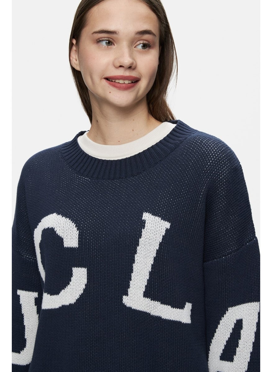 UCLA Limas Dark Navy Blue Crew Neck Jacquard Oversize Women's Sweater  - Image 2