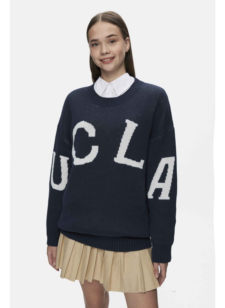 UCLA Limas Dark Navy Blue Crew Neck Jacquard Oversize Women's Sweater  - Image 1