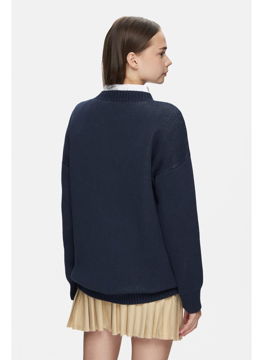 UCLA Limas Dark Navy Blue Crew Neck Jacquard Oversize Women's Sweater  - Image 3
