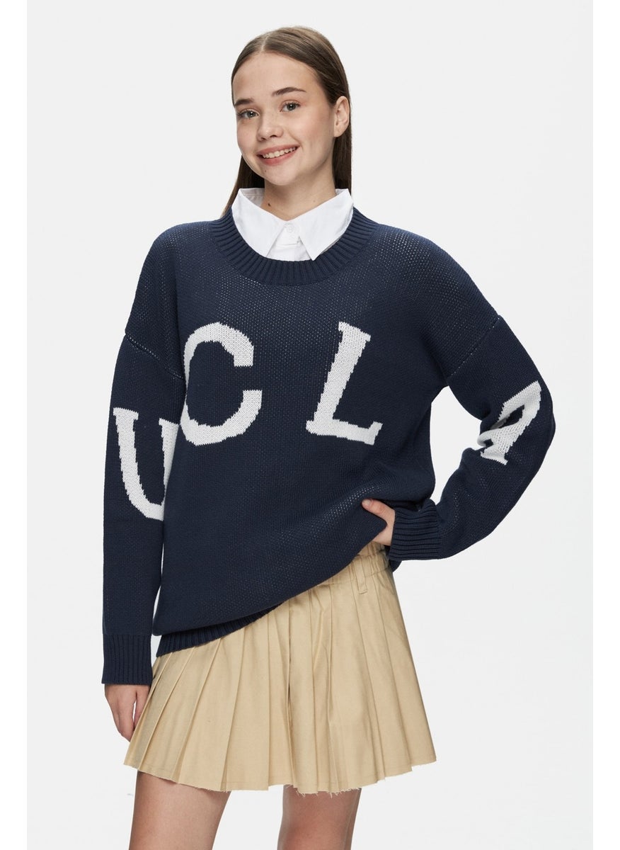UCLA Limas Dark Navy Blue Crew Neck Jacquard Oversize Women's Sweater  - Image 4